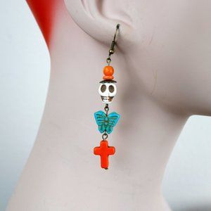 Day of the Dead Winged Skull w/ Cross Earrings